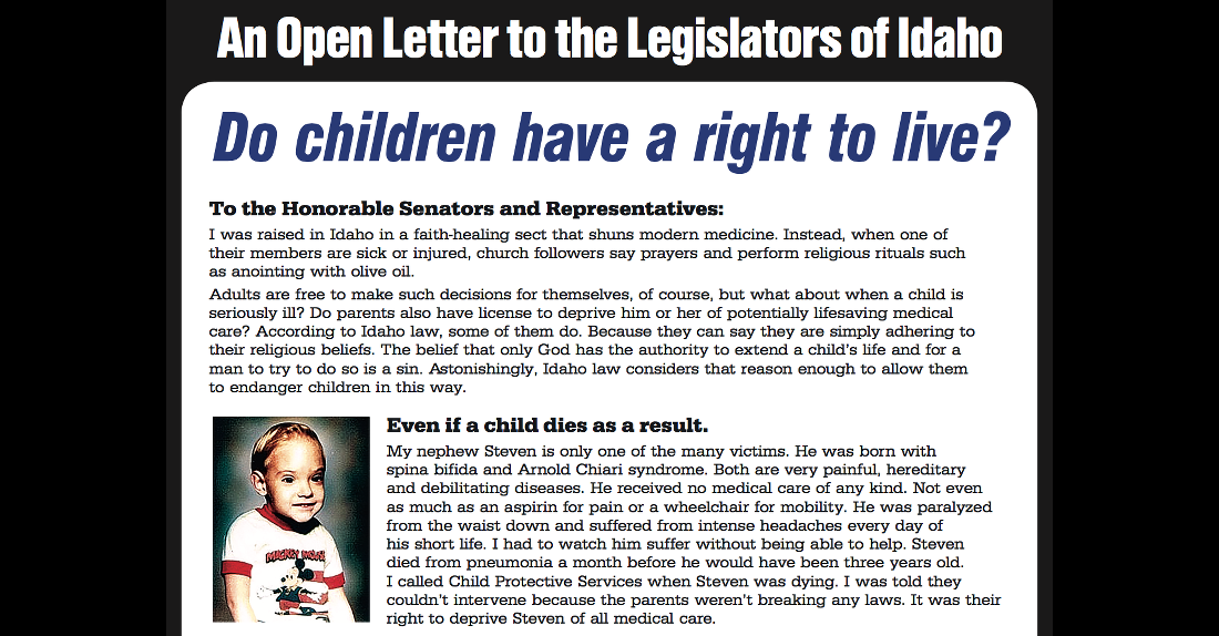 Full-Page Ad in Idaho Newspaper Condemns Faith-Healing Laws: “Do Children Have a Right to Live?”