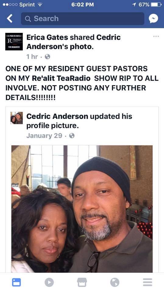 In a post that has since been deleted, Erica Gates of Re'alit TeaRadio referred to Anderson as one of her "resident guest pastors."