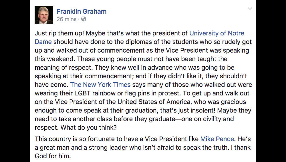 Franklin Graham: Notre Dame Should Rip Up the Diplomas of Students Who Protested Mike Pence