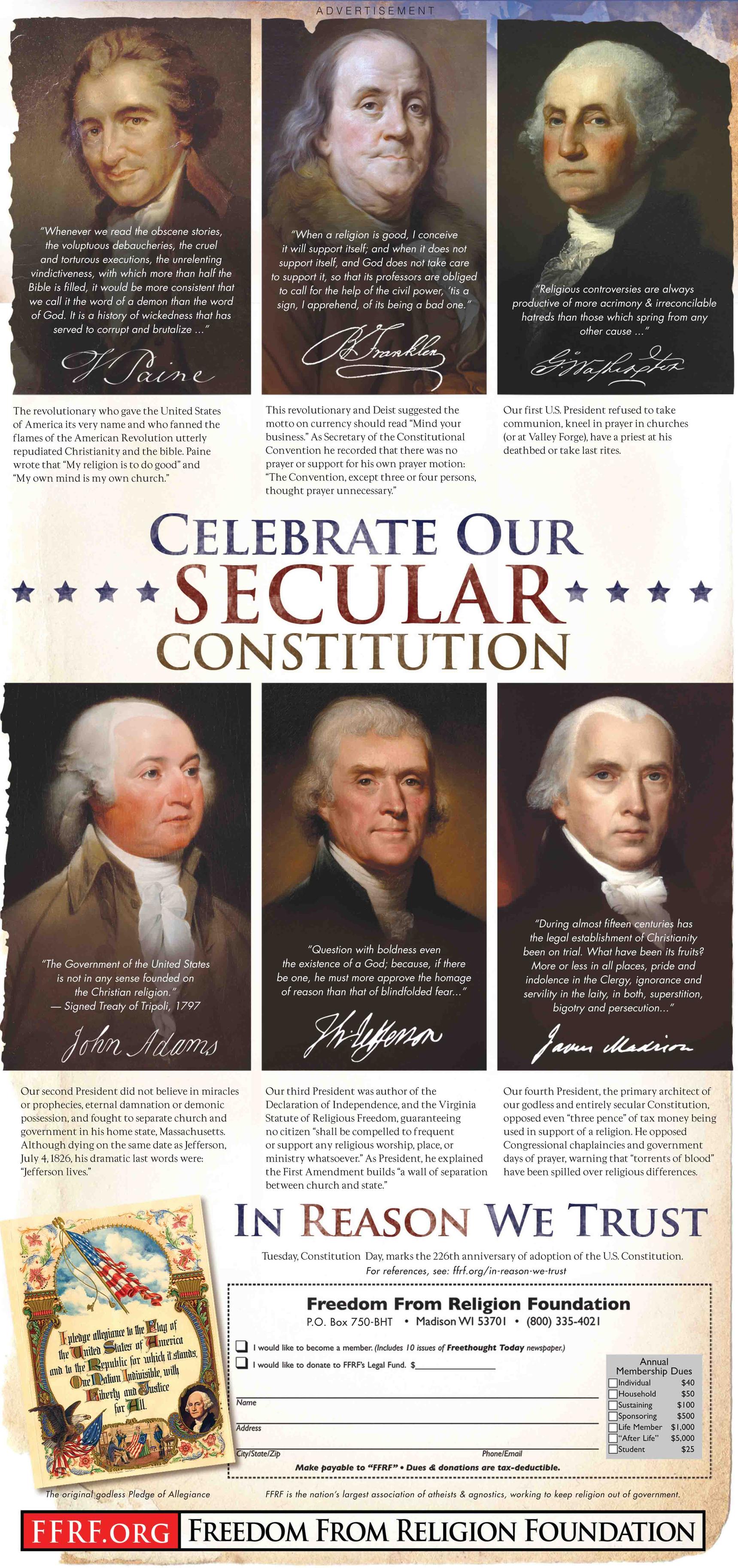 FFRF’s ‘Celebrate Our Secular Constitution’ Ad Appears in Indiana Newspaper