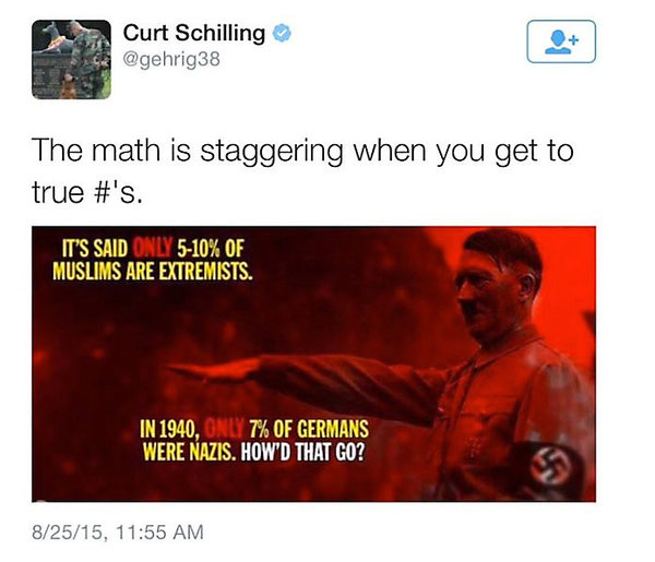 ESPN’s Resident Creationist Curt Schilling Suspended After Tweet Comparing Muslim Extremists to Nazis