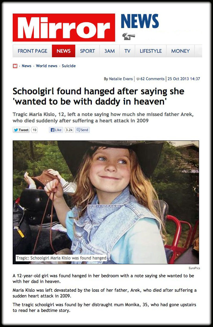 To Be With Her Father in Heaven, Girl, 12, Commits Suicide